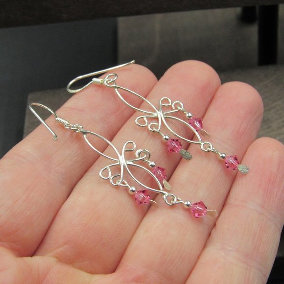 Sterling Silver Unique Pink Crystal Earrings - Picture 2 of 5